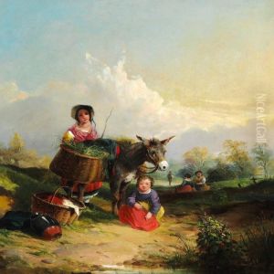 Mother And Child With Their Donkey On A Path by William Bromley