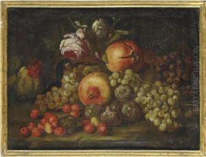 Pomegranates, Figs, Grapes, Roses And A Carnation On A Stone Ledge by Abraham Brueghel