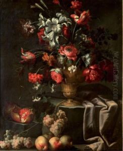 Fleurs Dans Un Vase De Bronze, Grenades, Et Raisins