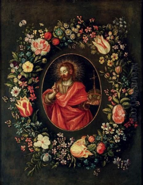 Christ Benissant Entoure D'une Guirlande De Fleurs - view 1