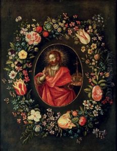 Christ Benissant Entoure D'une Guirlande De Fleurs by Jan The Elder Brueghel