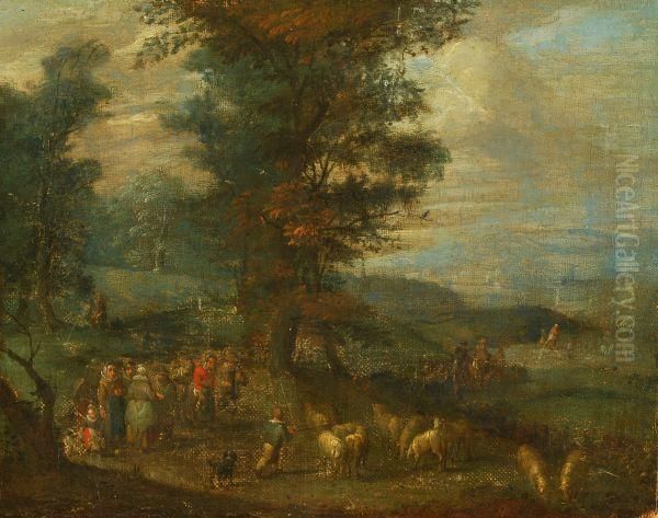 Figures In A Wooded Landscape With A Town Beyond - view 1