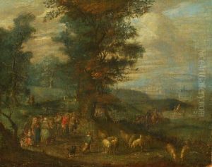 Figures In A Wooded Landscape With A Town Beyond by Jan The Elder Brueghel