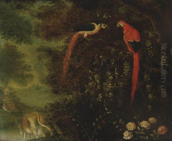 A Wooded Landscape With Two Macaws Perched On A Tree - view 1