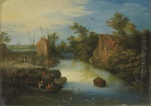 Villageois Chargeant Leurs Barques Au Bord D'un Ruisseau
