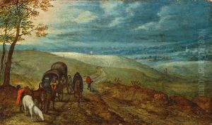 Weite Hugelige Landschaft Mit Planwagen