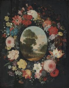 Landscape Surrounded By A Wreath Of Roses, Tulips, Jasmine And Other Flowers by Jan Peeter Brueghel