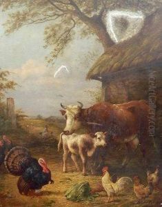 A Cow With A Calf, A Turkey, Chickens And Ducks In A Farmyard