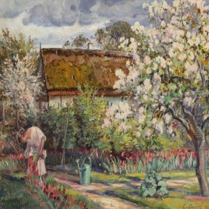 Spring Garden In Blossom With A Woman In A Pink Dress Spring Garden In Blossom With A Woman In A Pink Dress