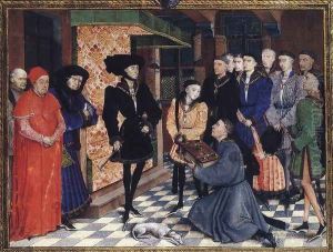 Miniature from the first page of the Chroniques de Hainaut 1448 by Rogier van der Weyden