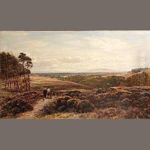 An Extensive Landscape With Two Figures, A Donkey And A Dog On A Track