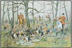 Scene De Chasse A Courre En Foret, L'hallali Du Sanglier by Georges Louis Ch. Busson