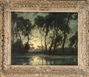 Bord D""etang Au Coucher Du Soleil
