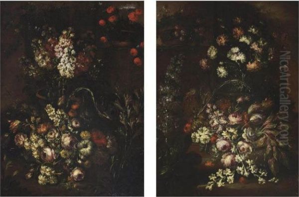 Roses, Narcissi, A Poppy And
Other Flowers In A Wicker Basket; And Roses, Tulips, Narcissi,
Carnations And Other Flowers In A Wicker Basket - view 1