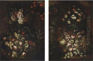 Roses, Narcissi, A Poppy And
Other Flowers In A Wicker Basket; And Roses, Tulips, Narcissi,
Carnations And Other Flowers In A Wicker Basket by Margherita Caffi