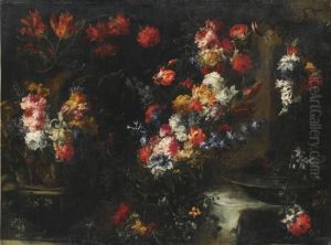 An Ornate Still Life With Flowers In Vases On A Stone Ledge by Margherita Caffi