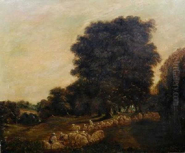 A Shepherd And Flock In A Woodland Clearing - view 1