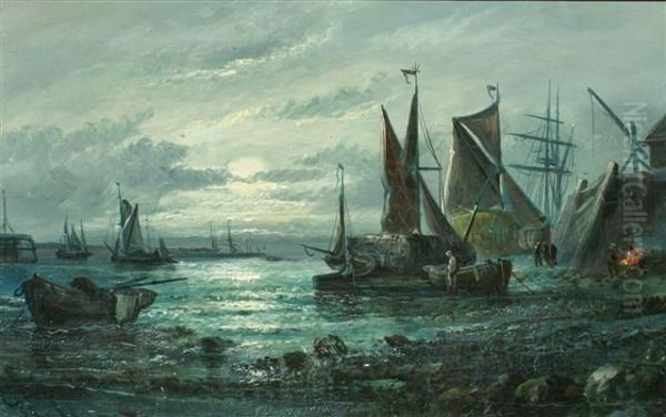 Fishing Boats Docked In Harbour At Moonlight - view 1