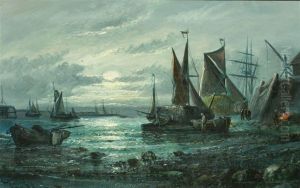 Fishing Boats Docked In Harbour At Moonlight by George D. Callow