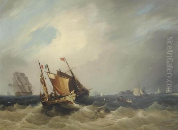 Fishing Trawlers And A Royal Navy Frigate In French Waters Off Calais - view 1