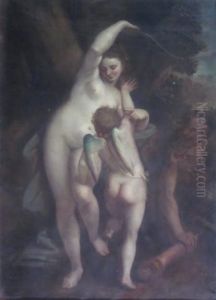 Venus Disarming Cupid With Satyr Looking On by Luca Cambiaso