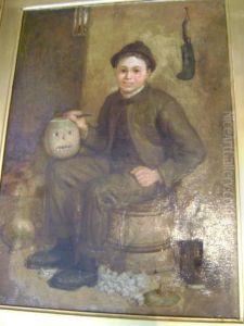 Boy Carving A Turnip Seated On A Barrel Oil On Canvas by James Campbell