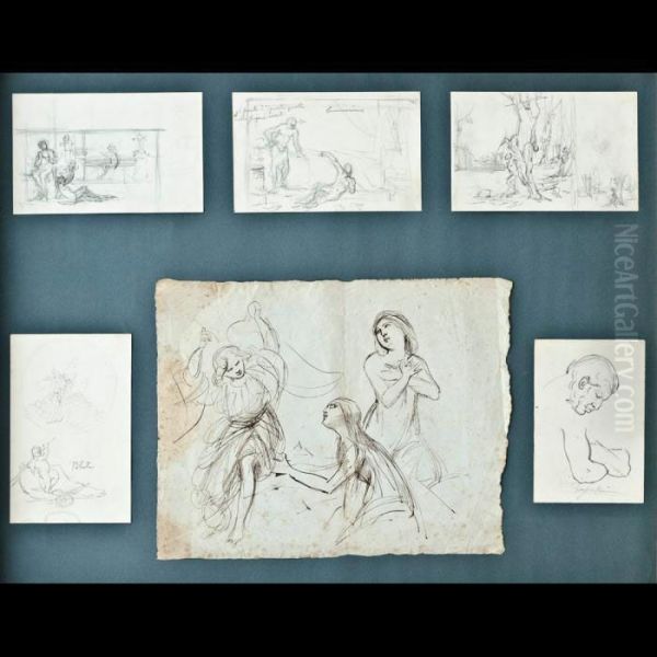 Cinque Disegni A Matita E Penna Su Carta Di Diversa Misura (min - view 1