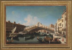 The Rialto Bridge, Venice, From
The South, With The Fondamenta Del Vin And The Fondamento Del Ferro And
Numerous Gondolas And Barges On The Grand Canal by (Giovanni Antonio Canal) Canaletto