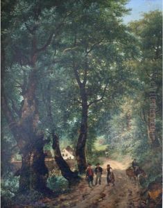 Figures Near A Farm On A Wooded Lane by Giuseppe Canella