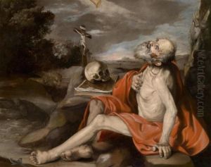 Saint Jerome In A Landscape by Simone Cantarini (Pesarese)