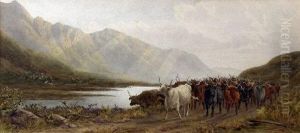 Long Horned Cattle On A Track With Loch And Mountains To Distance Long Horned Cattle On A Track With Loch And Mountains To Distance
