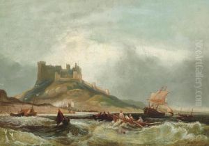 Coastal Traffic Before Bamburgh Castle On The Northumberland Coast by John Wilson Carmichael