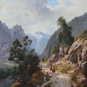 Mountain Road With People By A Road Altar by Johann-Hermann Carmiencke