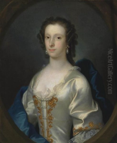 Portrait Of A Lady, Bust-length,
In A Lace Trimmed And Gold Embroidered Oyster Satin Dress, With A Blue
Wrap And Pearl Earrings, In A Feigned Oval - view 1