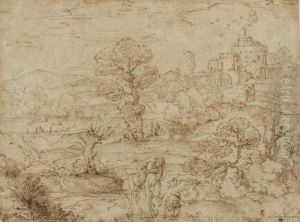 A Man And His Donkey In A Landscape by Annibale Carracci