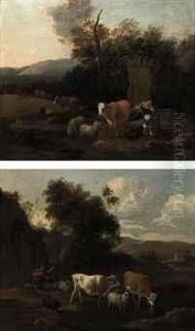 A Wooded Landscape With A Drover And Her Cattle At Rest By Classical Ruins