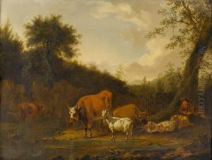 A Shepherd Boy Tending His Livestock Beside Astream