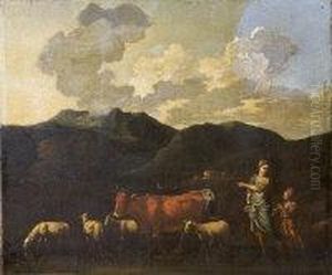 A Southern Mountainous Landscape With Figures &amp; Animals