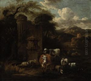 An Extensive Mountainous 
Landscape With A Herd Of Cattle, Sheep Andgoats At Water, By Classical 
Ruins, A Hilltop Tower And Fortressbeyond by Michiel Carre