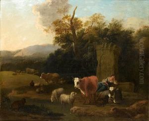 An Italianate Landscape With A Shepherdessresting Beside A Stream With Cattle And Sheep by Michiel Carre