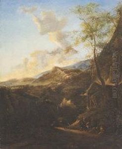 Travellers With Dogs And Donkey On A Wooded Mountainous Pathway