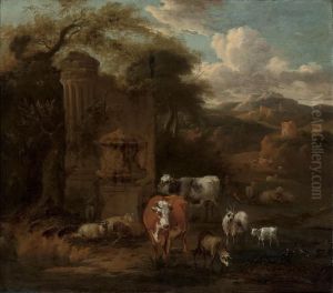 An Extensive Mountainous 
Landscape With A Herd Of Cattle, Sheep And Goats At Water, By Classical 
Ruins, A Hilltop Tower And Fortress Beyond by Michiel Carre