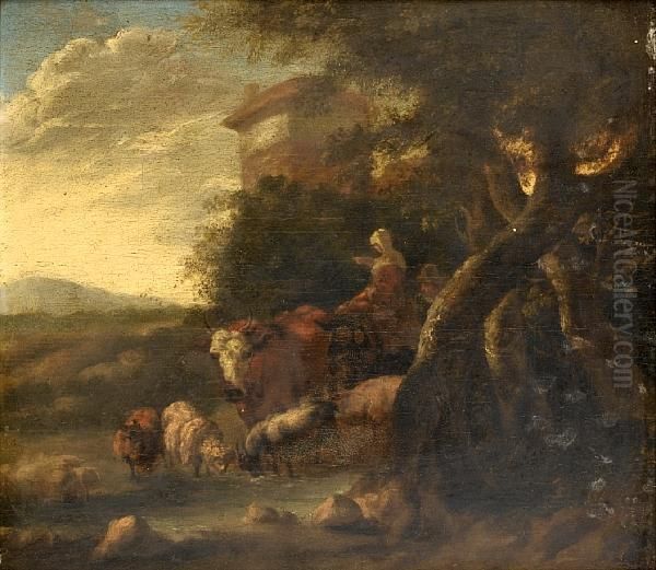 A Drover And A Shepherdess Watering Cattle And Sheep At A Stream - view 1
