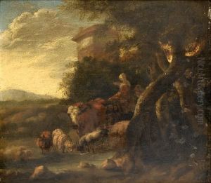 A Drover And A Shepherdess Watering Cattle And Sheep At A Stream by Michiel Carre