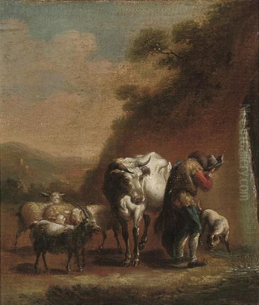 A Herdsman With His Cattle At A Waterfall - view 1