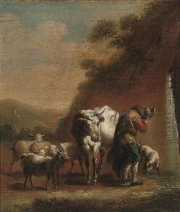 A Herdsman With His Cattle At A Waterfall by Michiel Carre