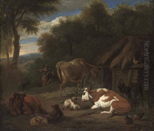 A Wooded Landscape With Cattle And Sheep By A Cottage - view 1