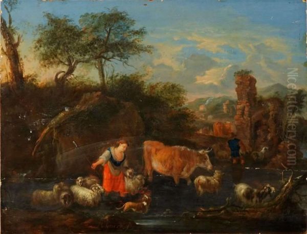 Pastoraltlandskap Med Herde Och Herdinna - view 1