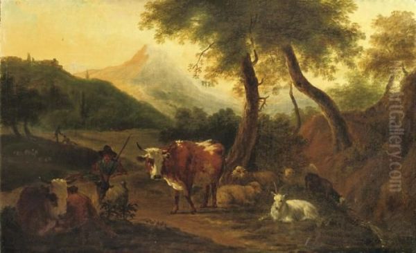 A Herdsman With His Flock In A Wooded Italianate Landscape - view 1