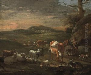 A Shepherd Piping With Other Shepherds Amongst Their Flocks